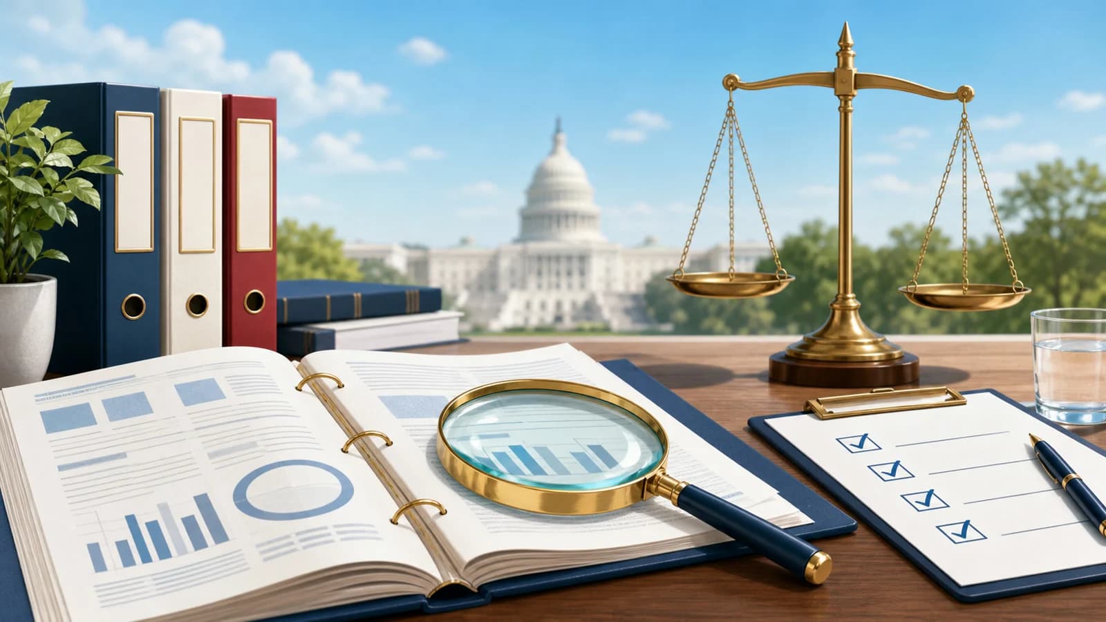 Registros públicos abiertos, una lupa, una balanza equilibrada y el Capitolio de Estados Unidos representando una supervisión transparente