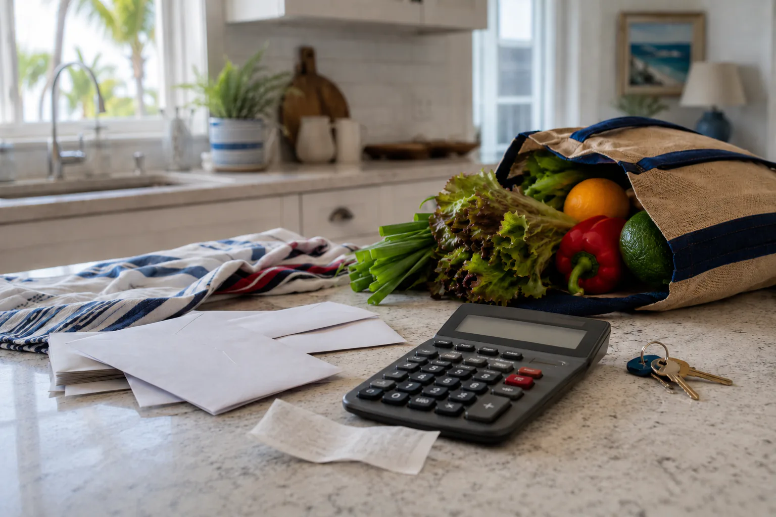 Comestibles, sobres del hogar, una calculadora y llaves sobre una encimera de Palm Beach