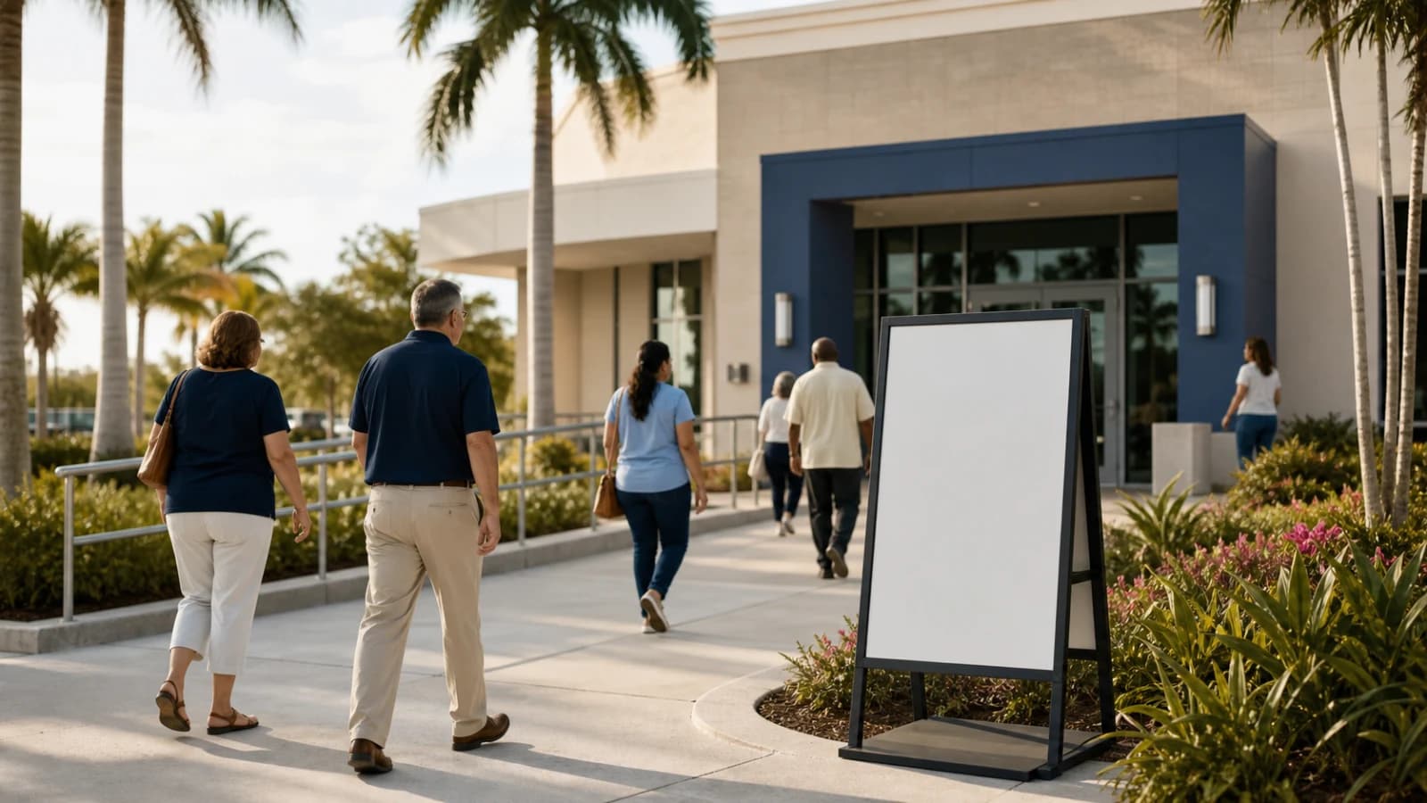 Palm Beach County voters approaching a public building with neutral wayfinding signs