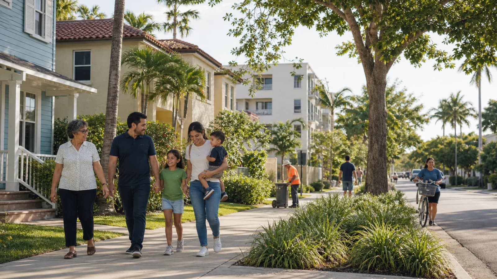 Familia multigeneracional caminando por un vecindario de Palm Beach con casas y apartamentos