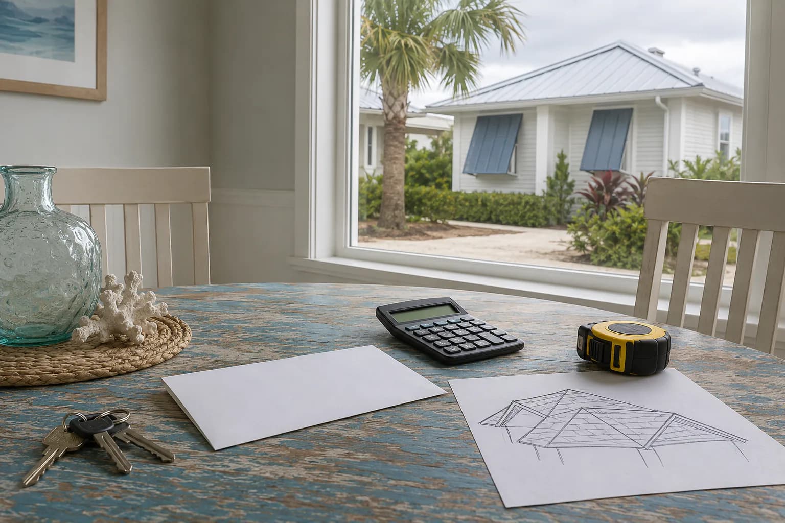 Llaves de casa, una calculadora, un boceto de techo y contraventanas en un hogar de Palm Beach