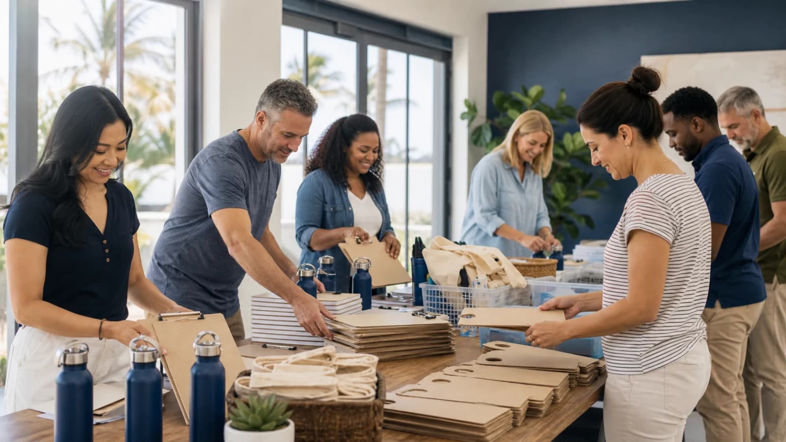 Palm Beach neighbors organizing campaign outreach materials around a community table