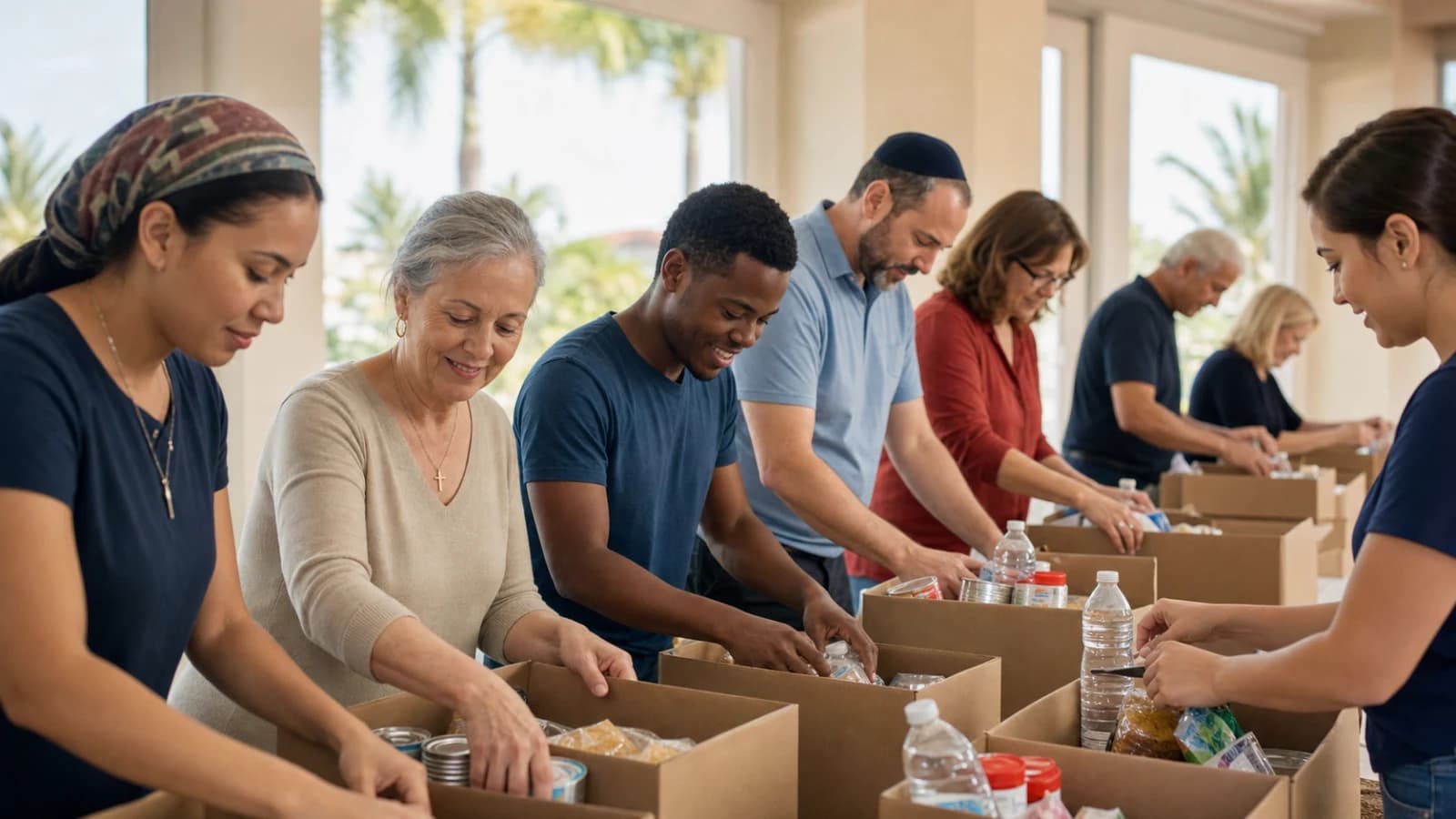 Vecinos de Palm Beach de distintas religiones preparando juntos paquetes de ayuda comunitaria