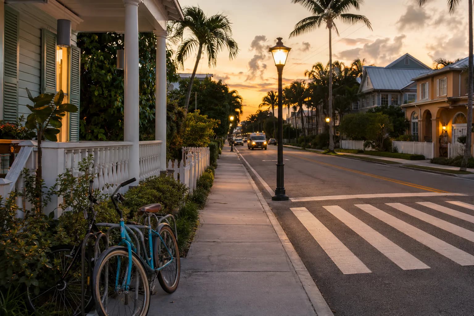 Un vecindario tranquilo de Palm Beach con aceras, bicicletas, un cruce peatonal y faroles encendidos