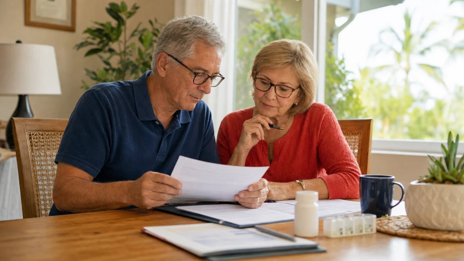 Older Palm Beach couple reviewing retirement and healthcare paperwork at home
