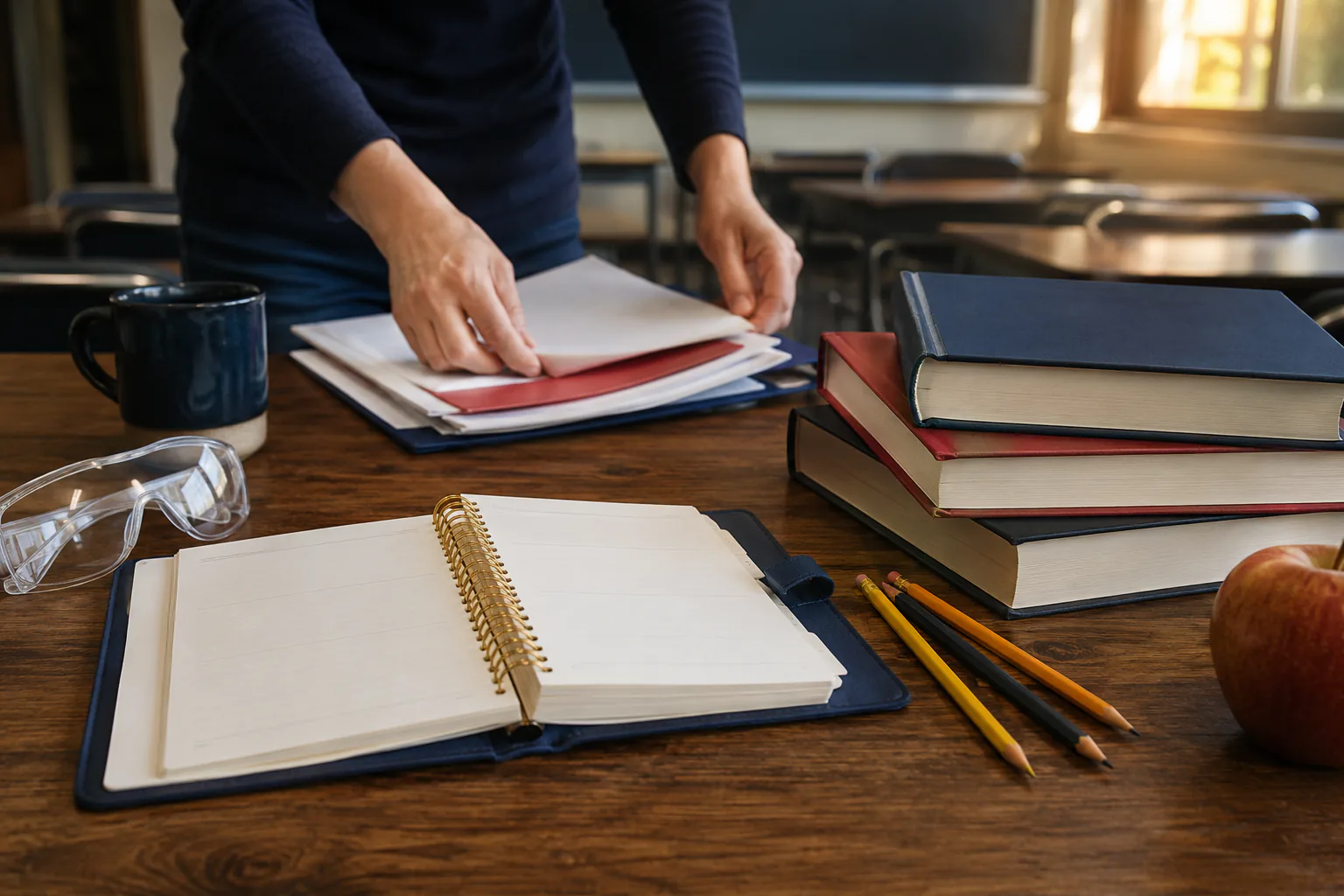 Una maestra organizando materiales de clase en su escritorio después de la jornada escolar