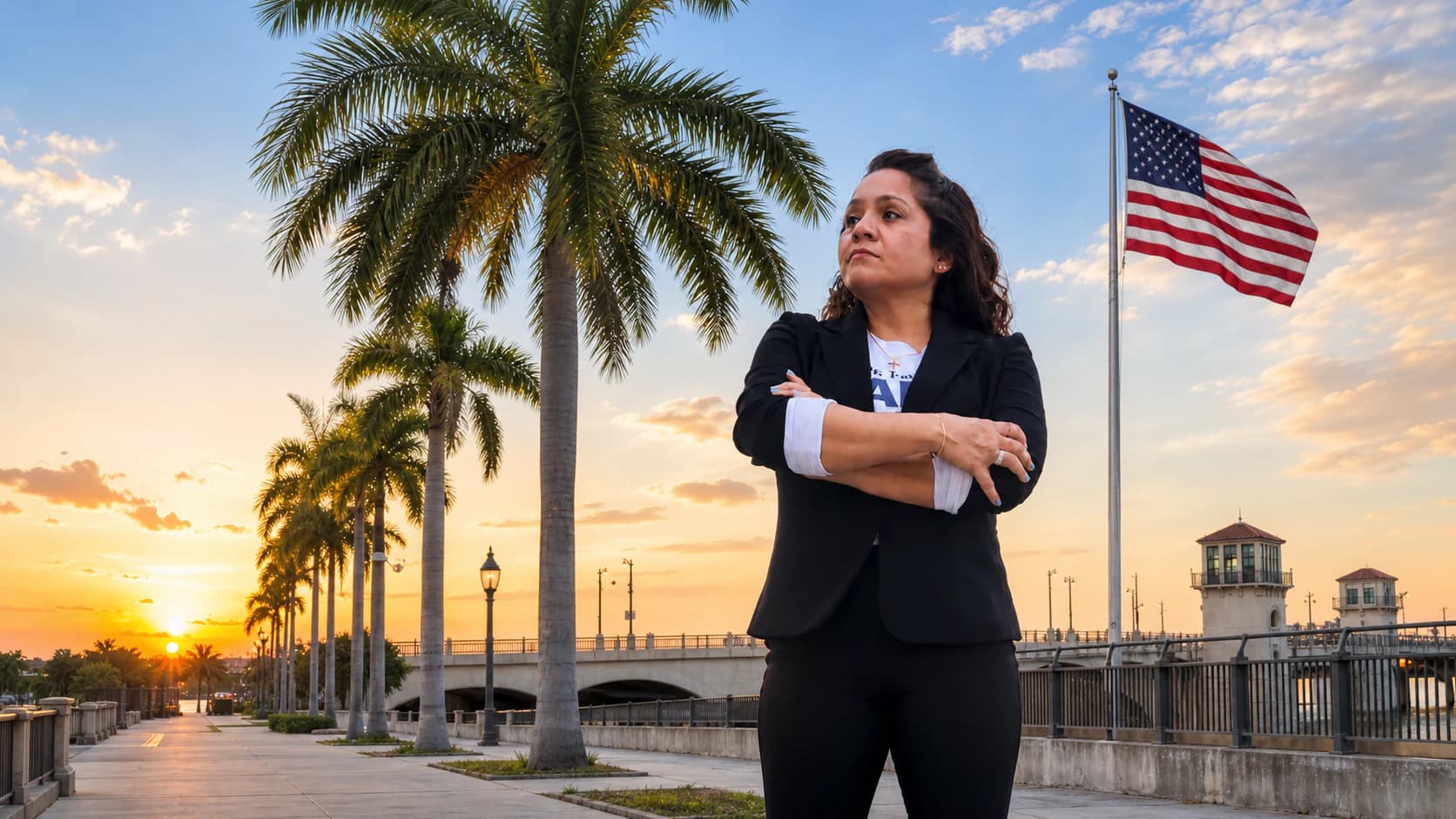 Paola Branda standing near a Palm Beach waterfront bridge at sunrise with an American flag