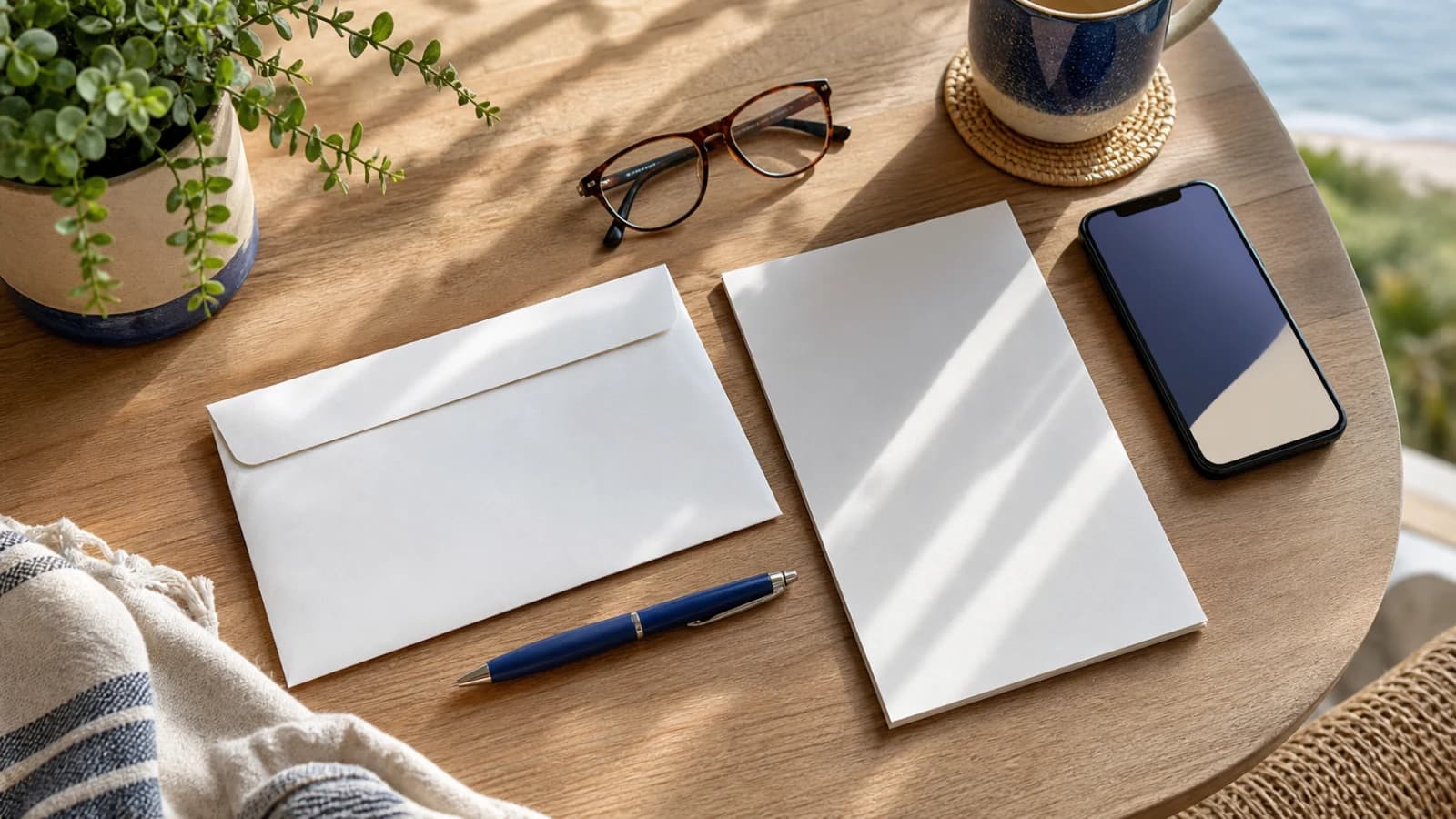 Blank envelope, paper, pen, and phone arranged for vote-by-mail planning on a Palm Beach table