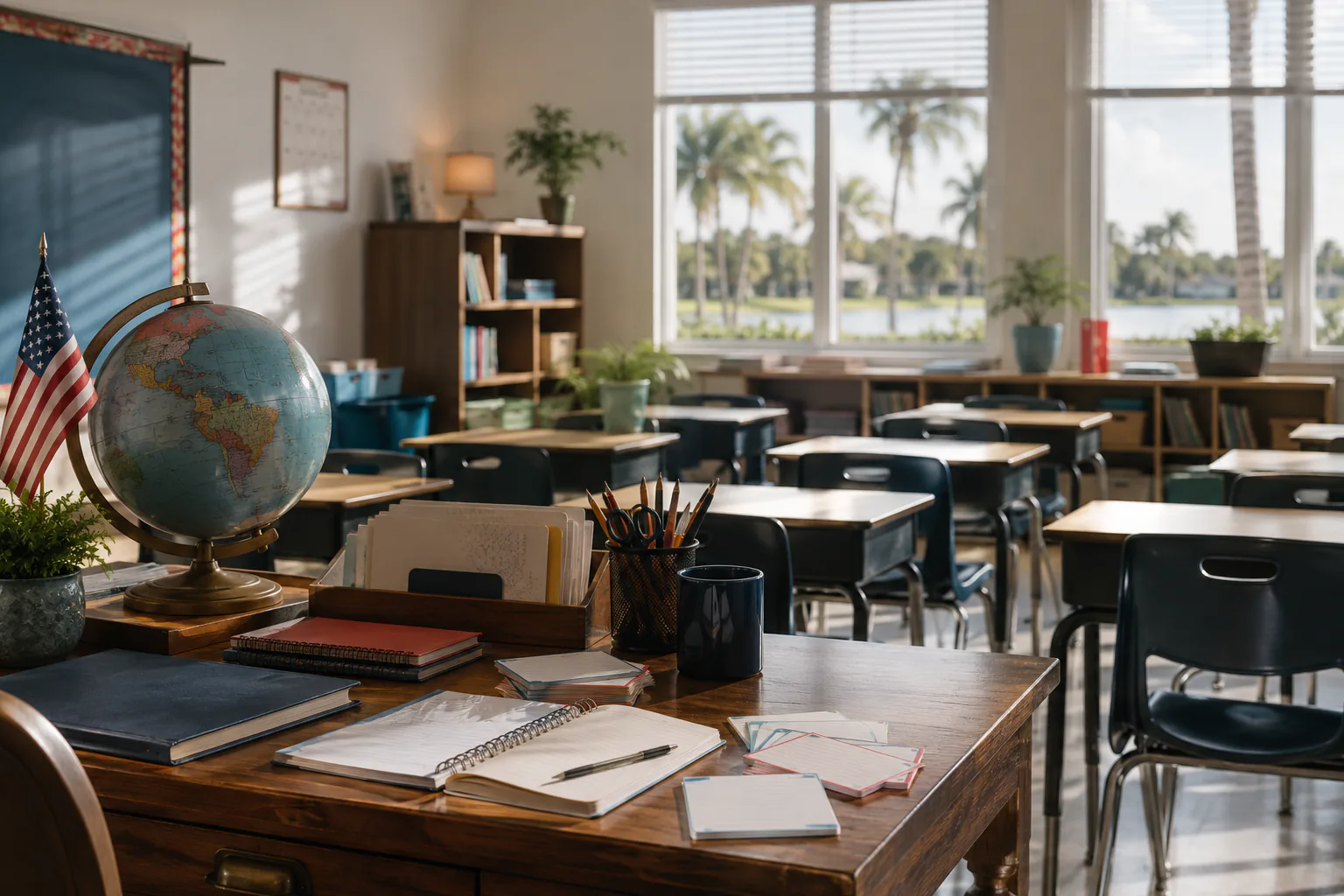 Un salón de clases del sur de Florida iluminado y preparado para estudiantes y servicio público