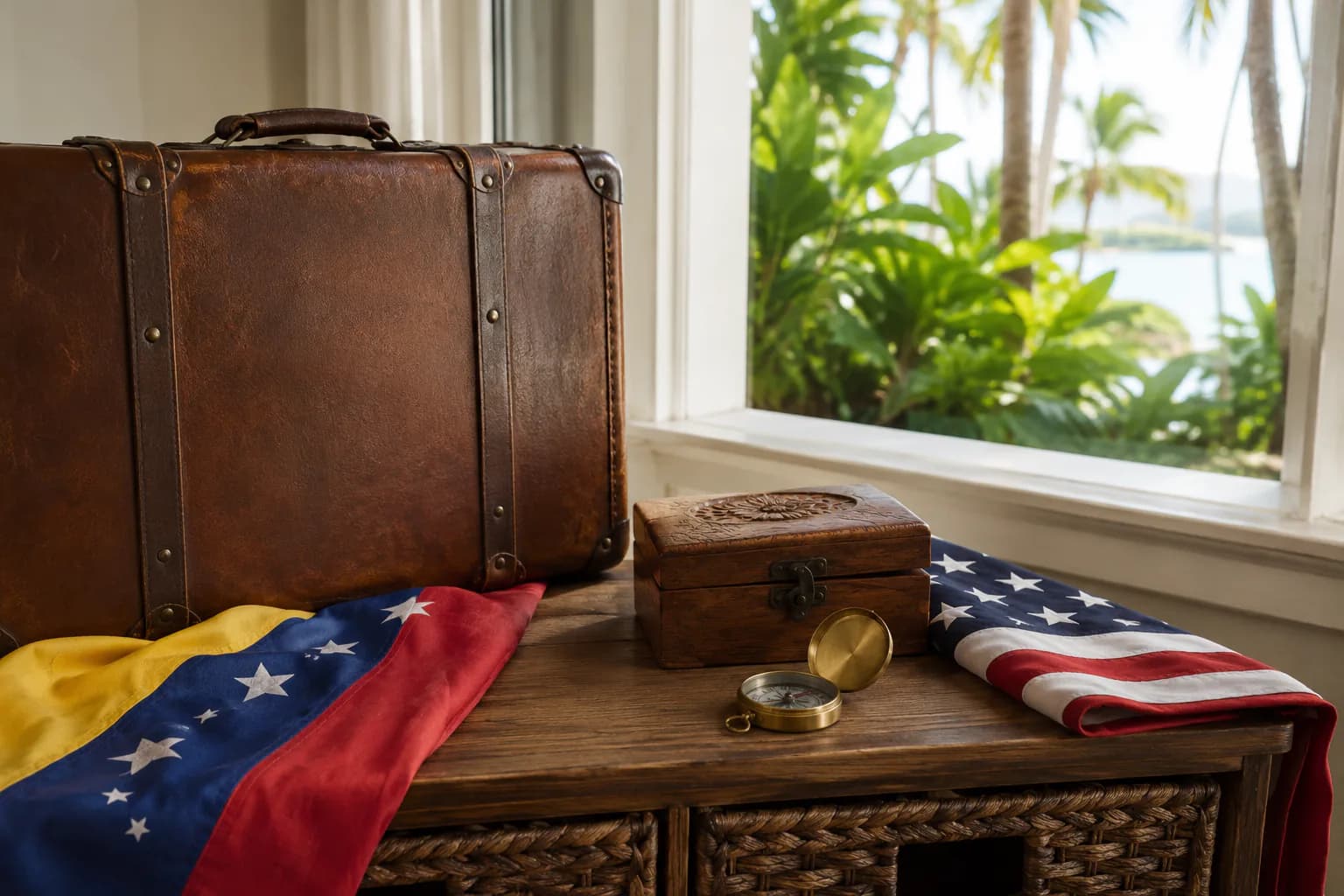 Una maleta de viaje junto a las banderas de Venezuela y Estados Unidos en un hogar de Palm Beach