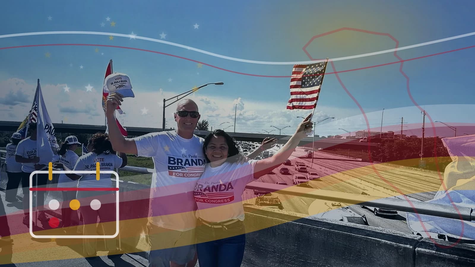 Paola Branda greeting voters under American and Florida flags