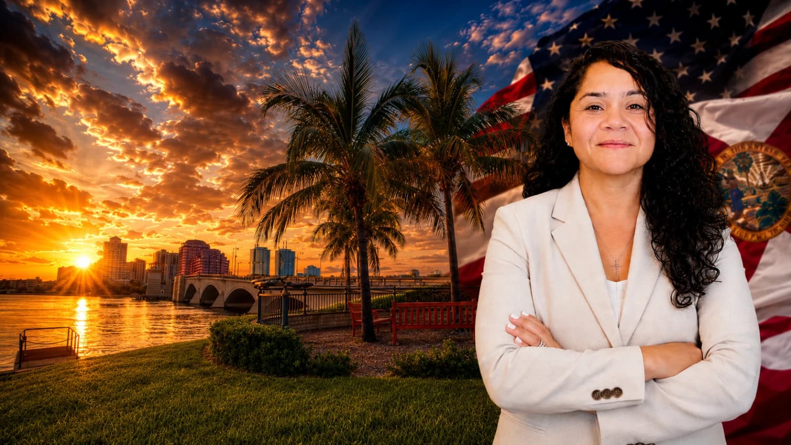 Dr. Paola Branda in front of the American and Florida flags at the Palm Beach waterfront