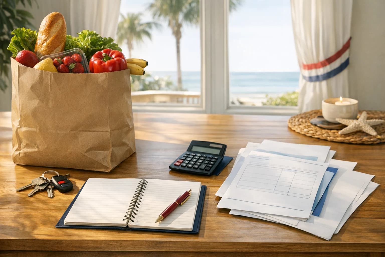 Comestibles, facturas y una calculadora sobre una mesa de cocina en Palm Beach