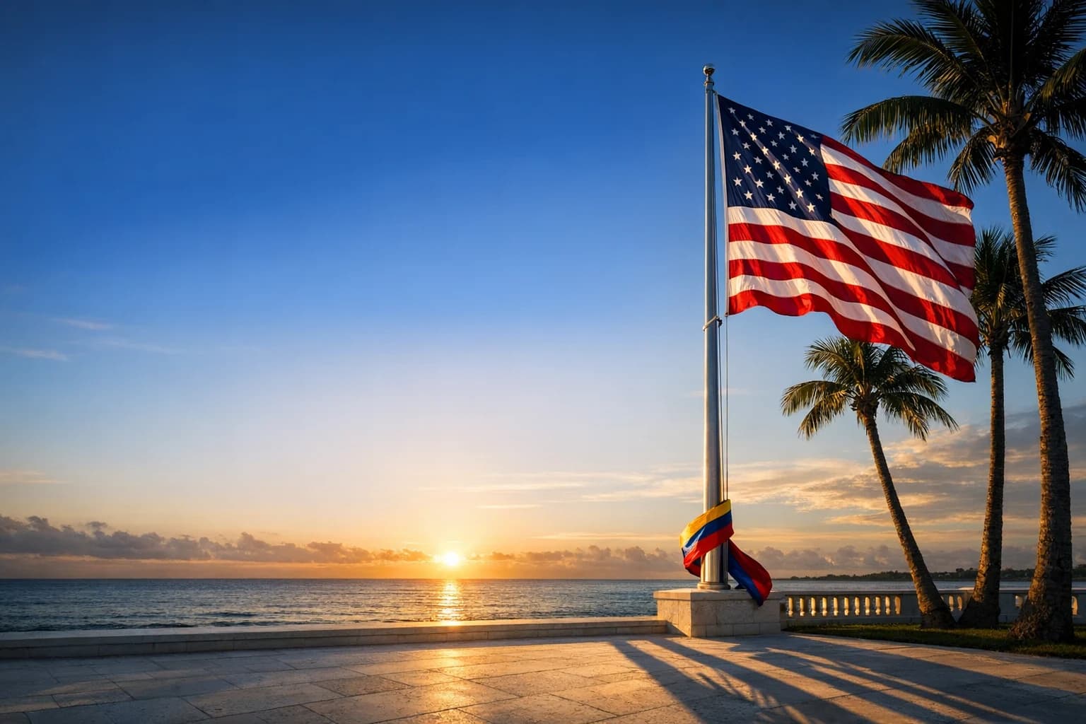 Bandera estadounidense ondeando sobre un amanecer costero en Palm Beach