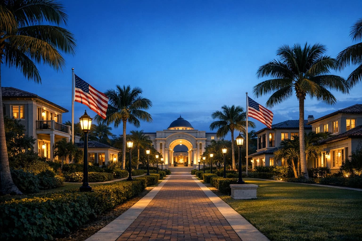 Peaceful Palm Beach neighborhood and civic entrance symbolizing safe communities and legal immigration