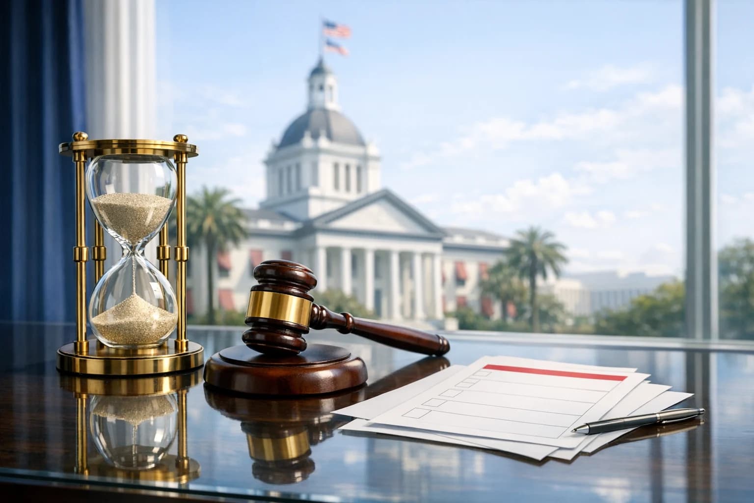 Civic desk with gavel and clock symbolizing accountability and transparency