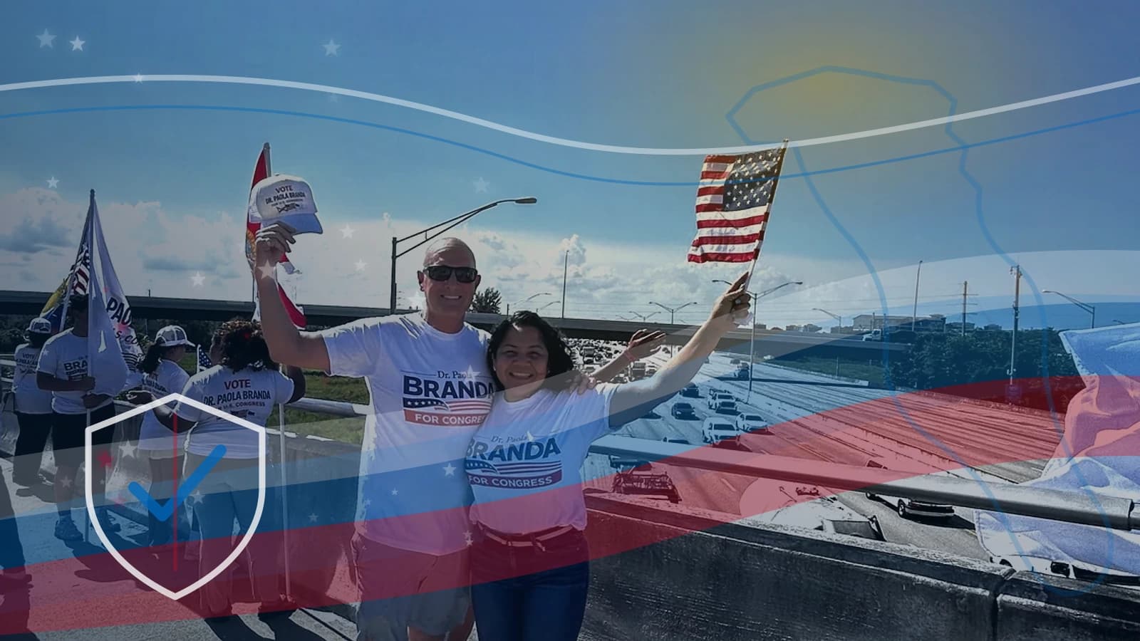 Palm Beach neighborhood street with American flags and campaign route marks