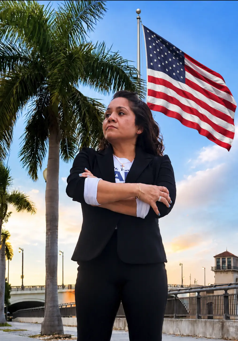 Paola Branda cerca del puente de West Palm Beach con una bandera de Estados Unidos