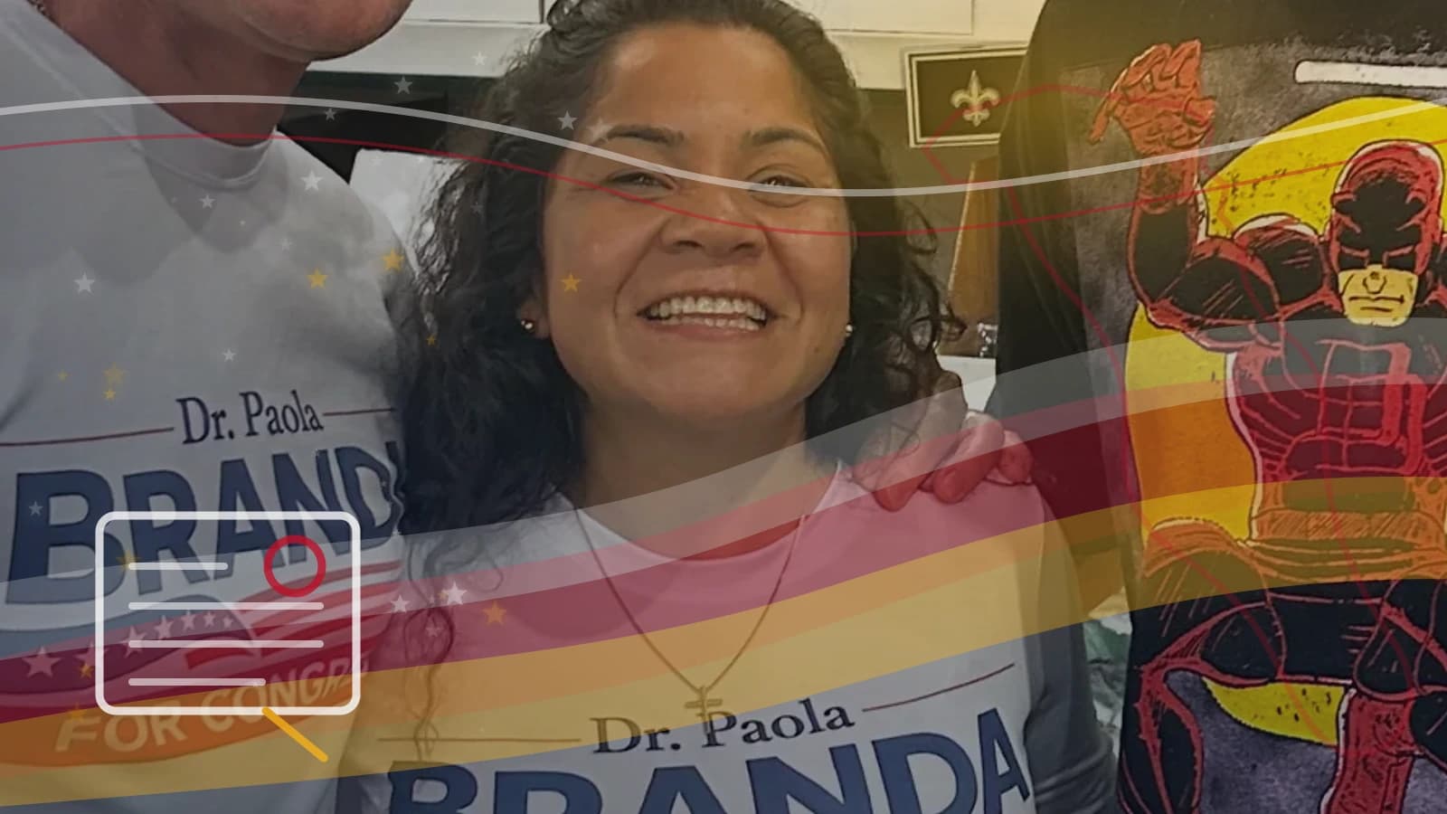 Paola Branda reuniéndose con votantes con banderas estadounidenses y de Florida detrás
