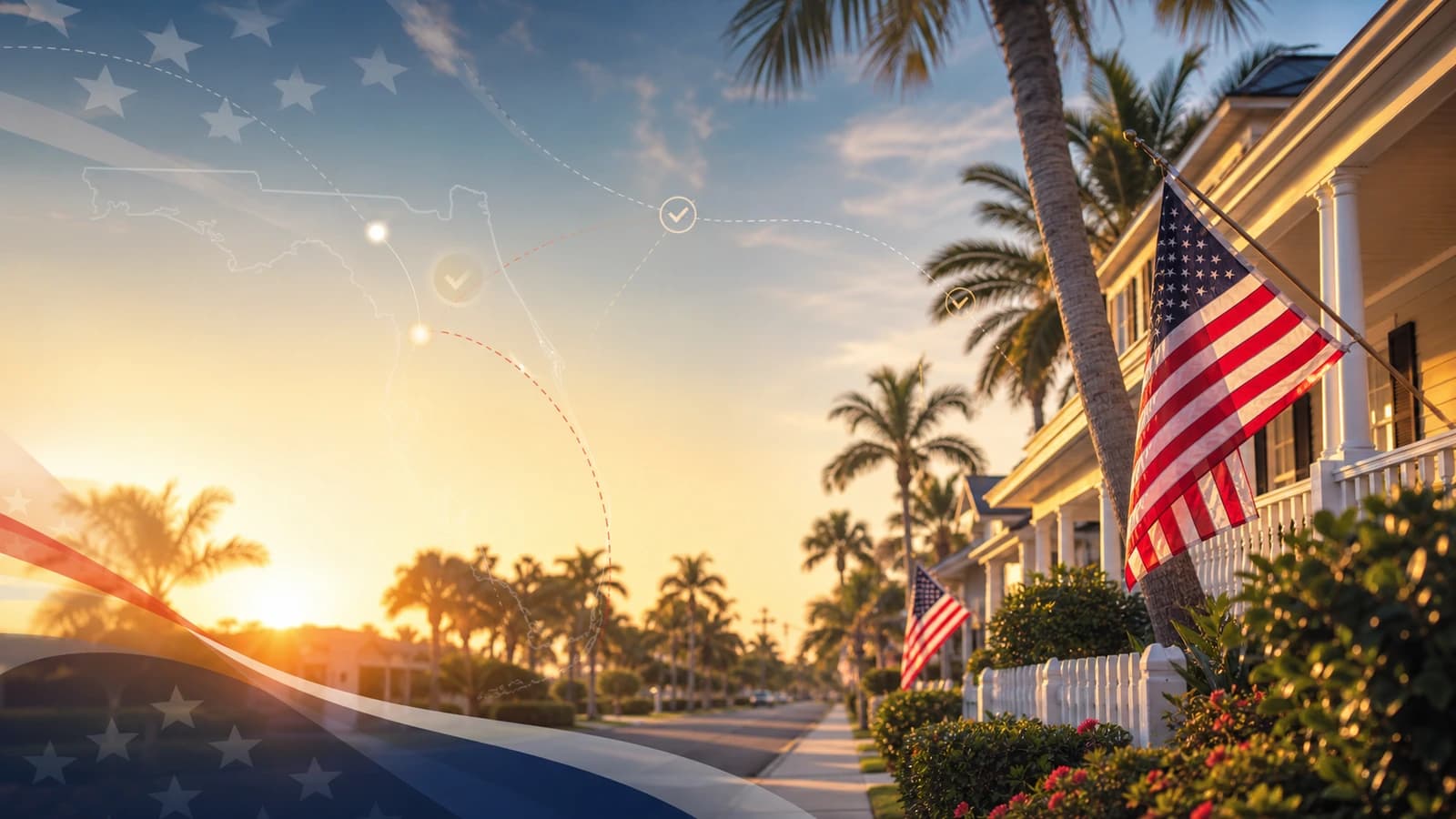 Palm Beach neighborhood street lined with American flags