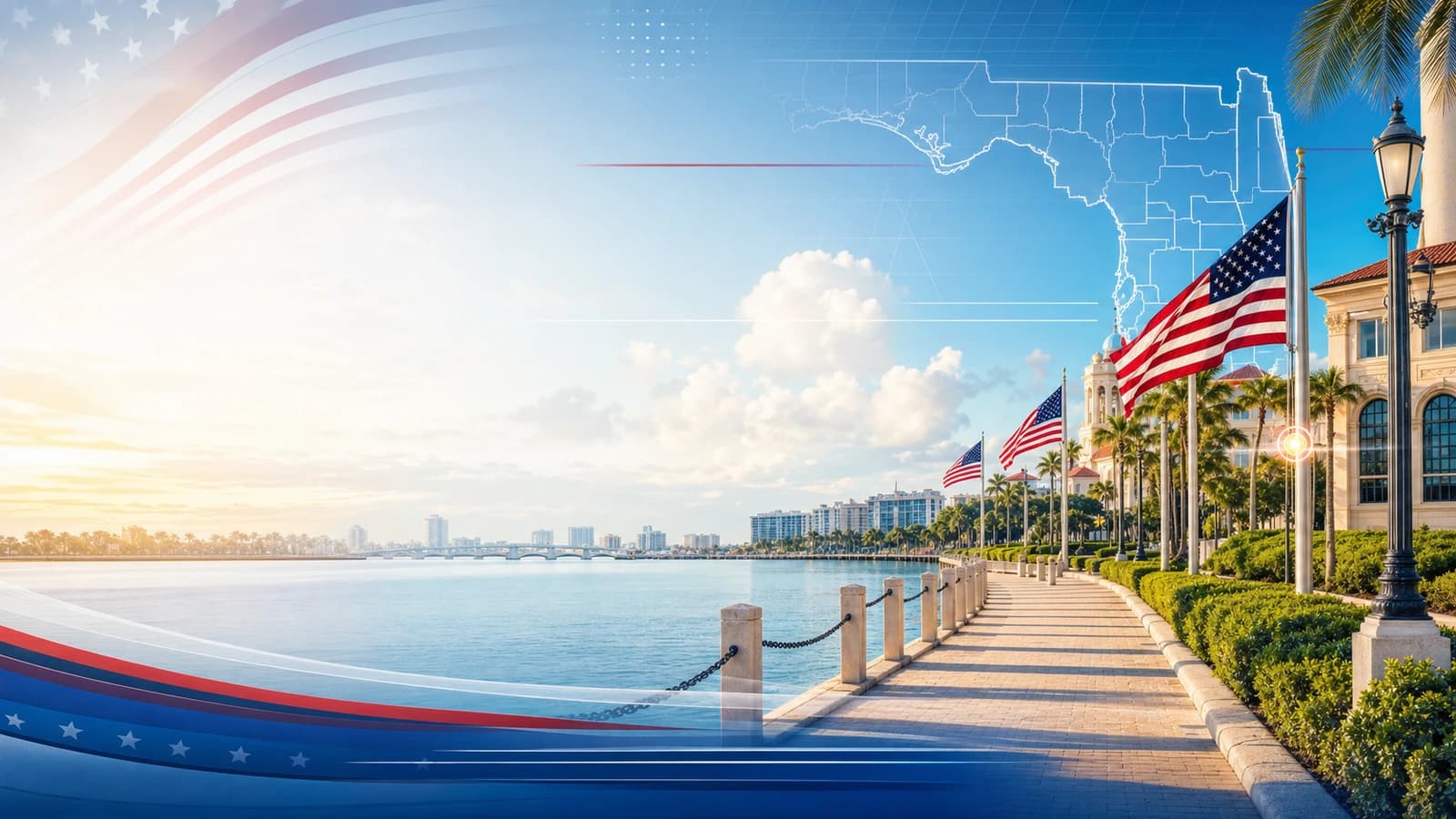 Costa de Palm Beach con banderas estadounidenses y colores de campaña